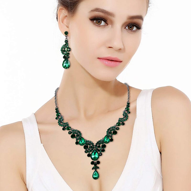 EVER FAITH Costume Jewelry for Women, Art Deco Crystal Floral Wave Teardrop Pendant Necklace Dangle Earrings Set Green Black-Tone - Image 3
